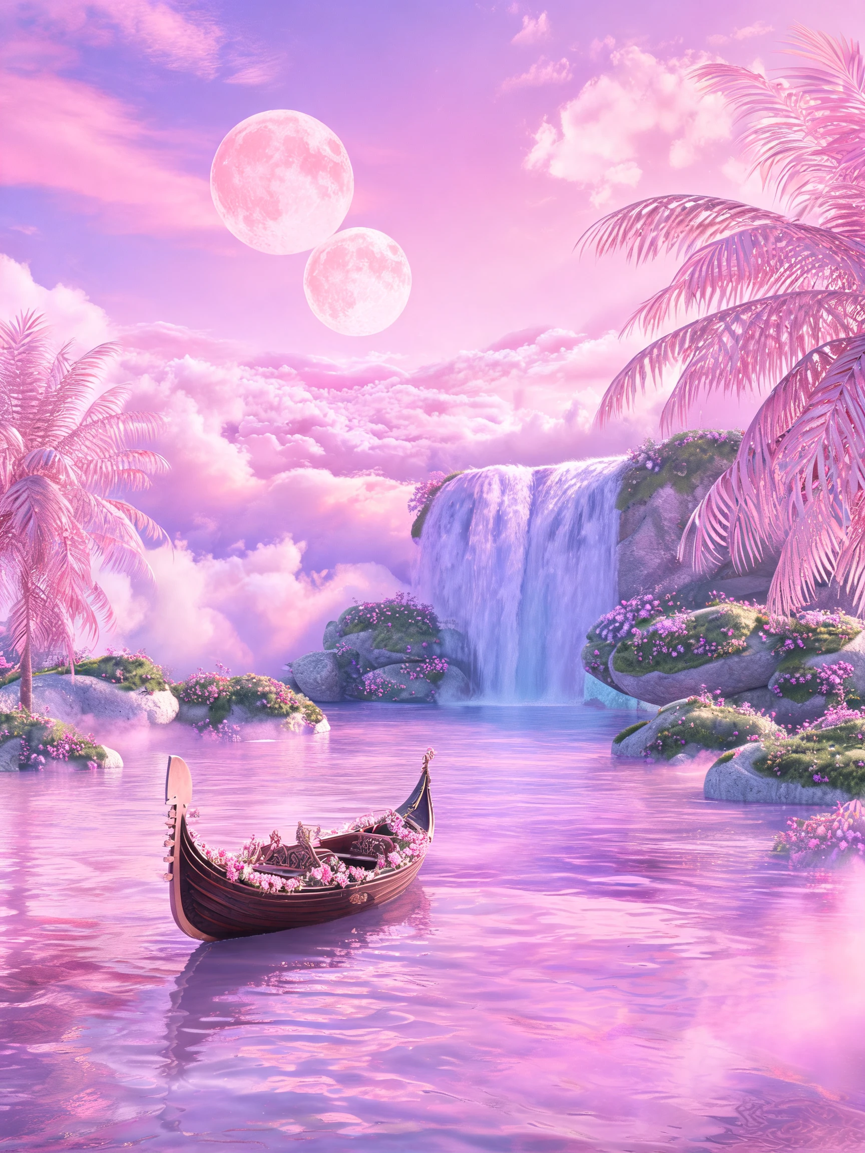 Surreal pink ocean dream with boat and distant waterfall