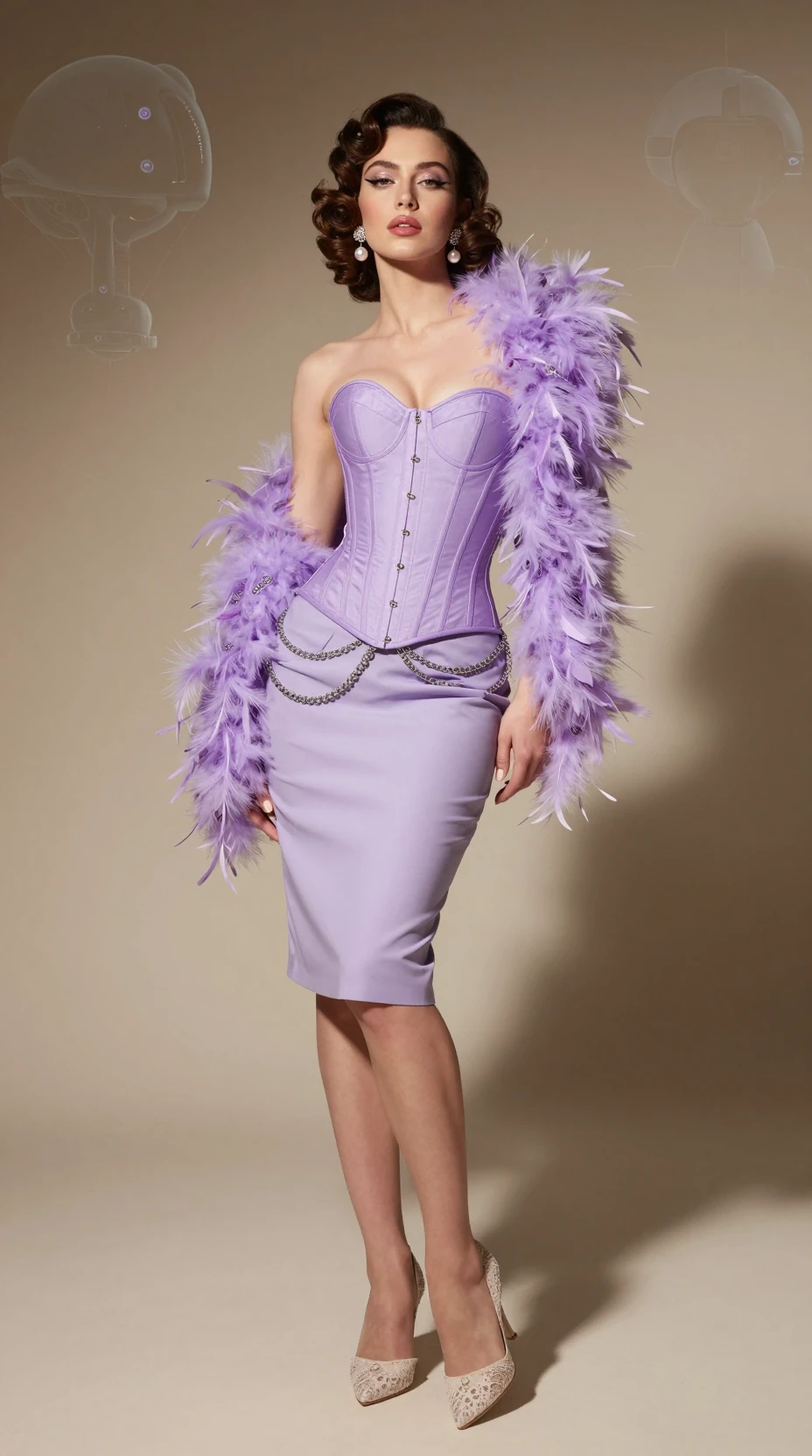 Donna dal fascino vintage con corsetto lavanda e boa di piume