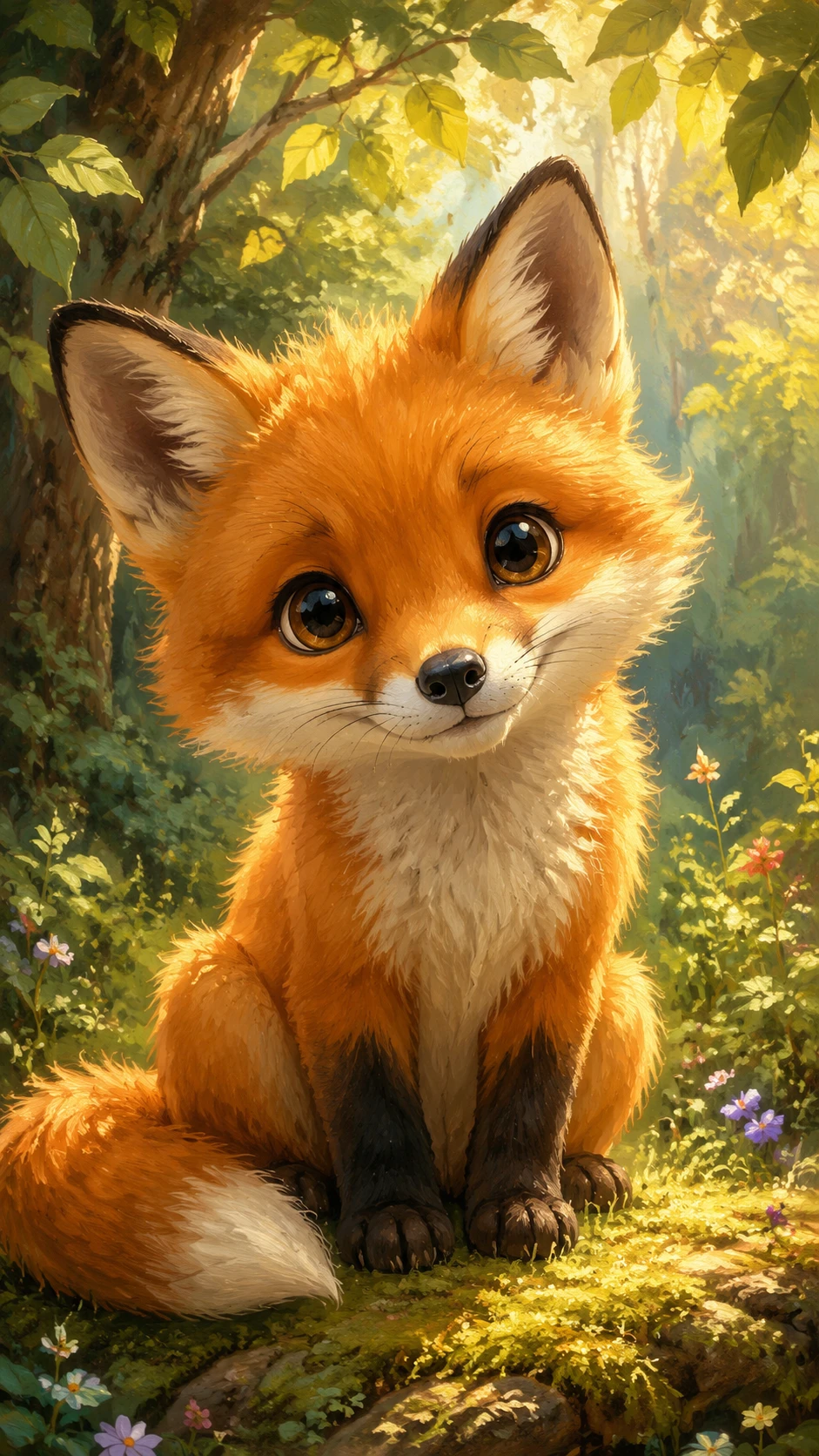 Filhote de raposa curioso em uma clareira de floresta mágica