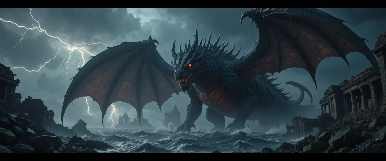 Dragon abyssal surgissant d’un océan noir et orageux
