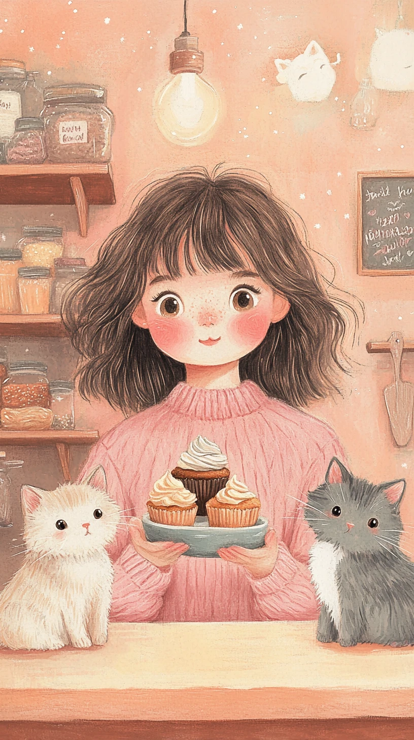 Fille pastel cuisinant des cupcakes avec des chats duveteux – illustration