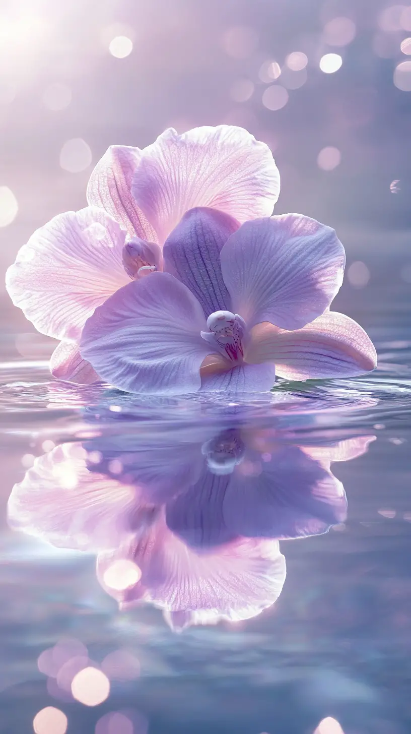 Orquídea lila sobre agua reflectante en pintura digital de ensueño