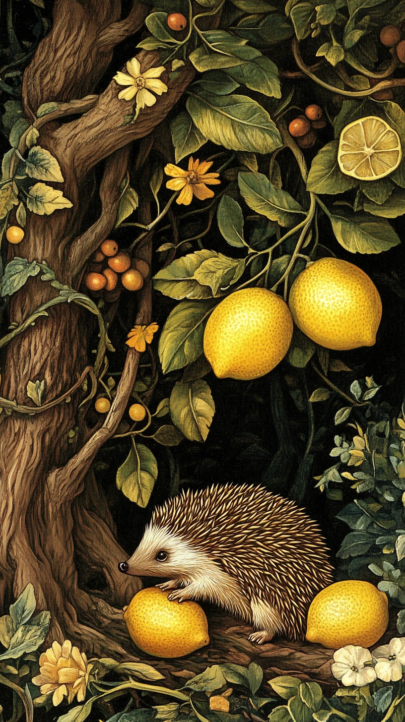 Ilustração vintage de um ouriço debaixo de um limoeiro