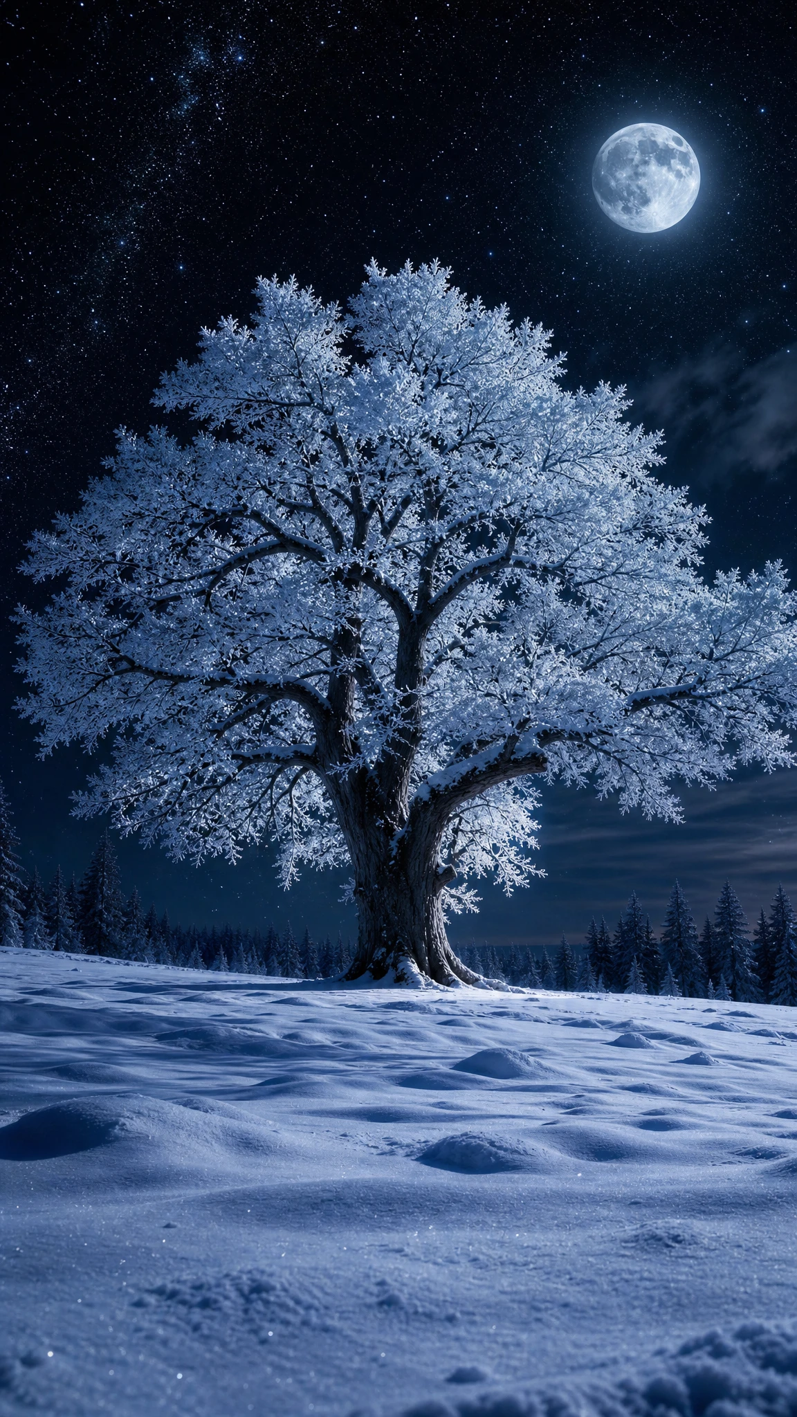 Majestic Lone Tree In Moonlit Winter Landscape