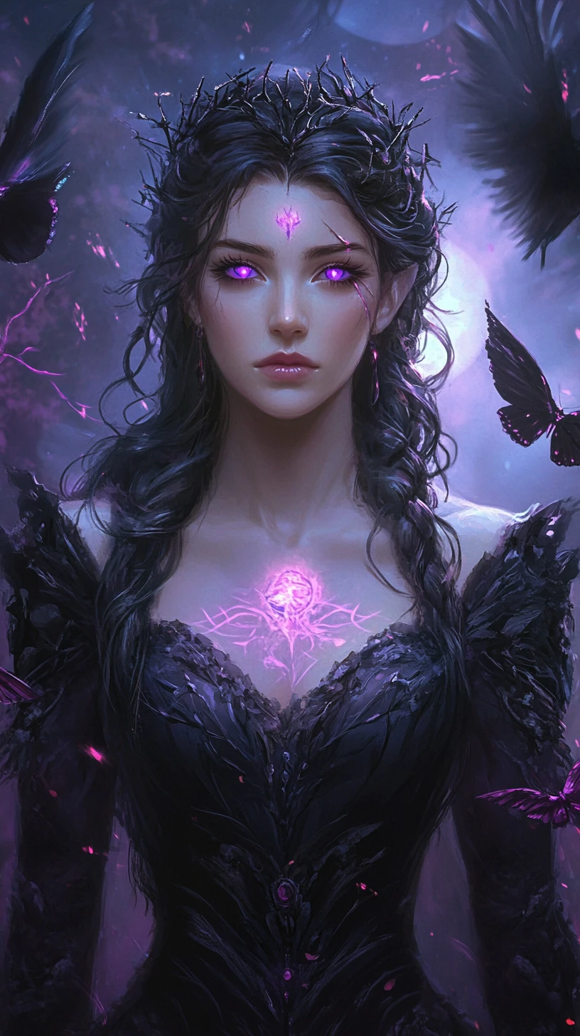 夜に紫の魔力を輝かせるゴシックの女魔術師