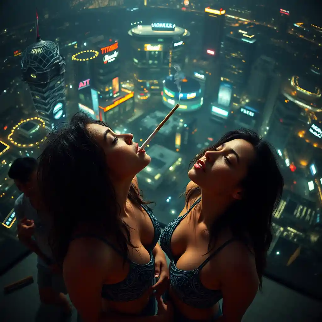 Donna glamour che si rilassa mentre fuma vista dall’alto
