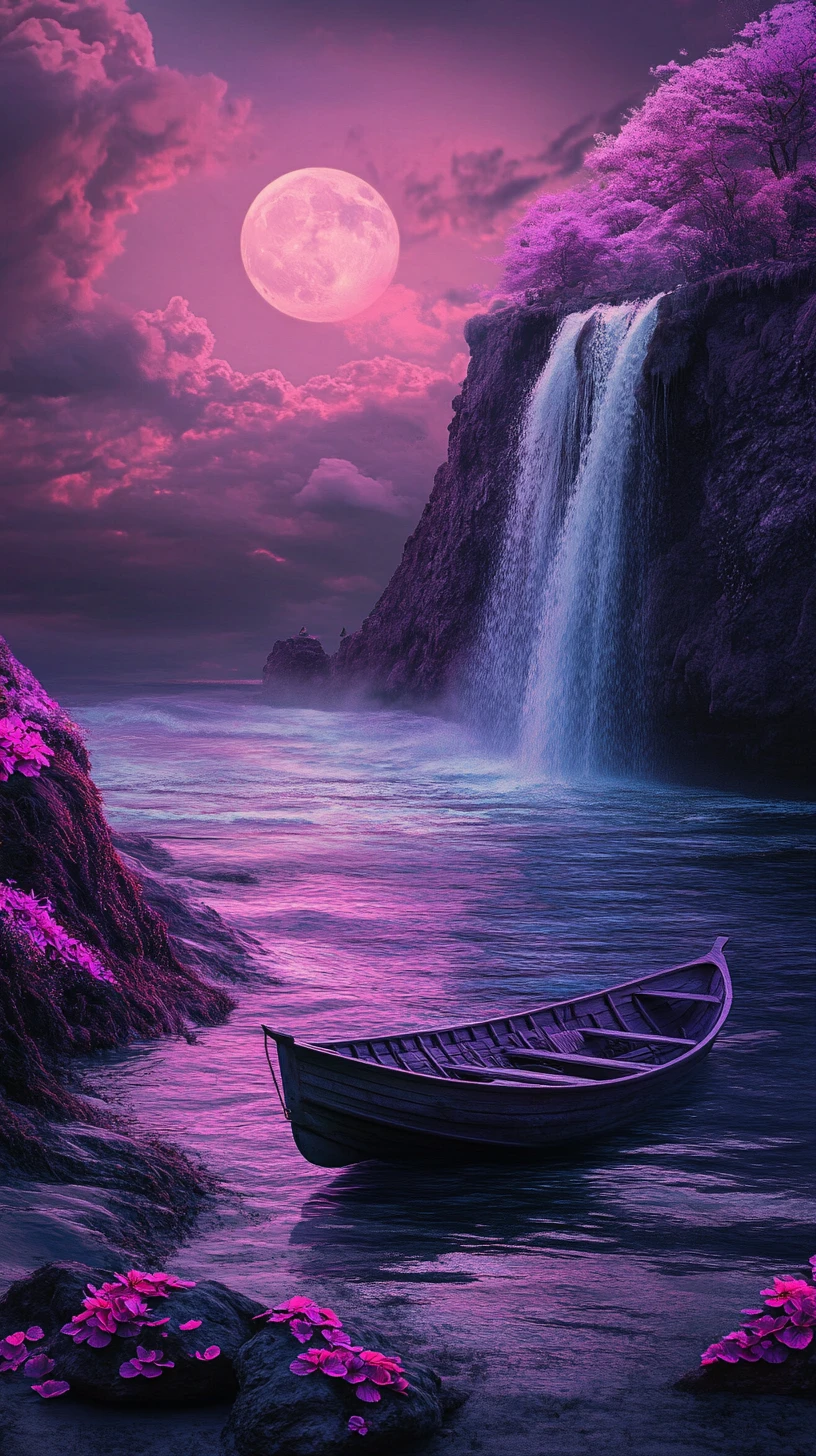 Barco onírico navegando por uma paisagem lunar rosa surreal