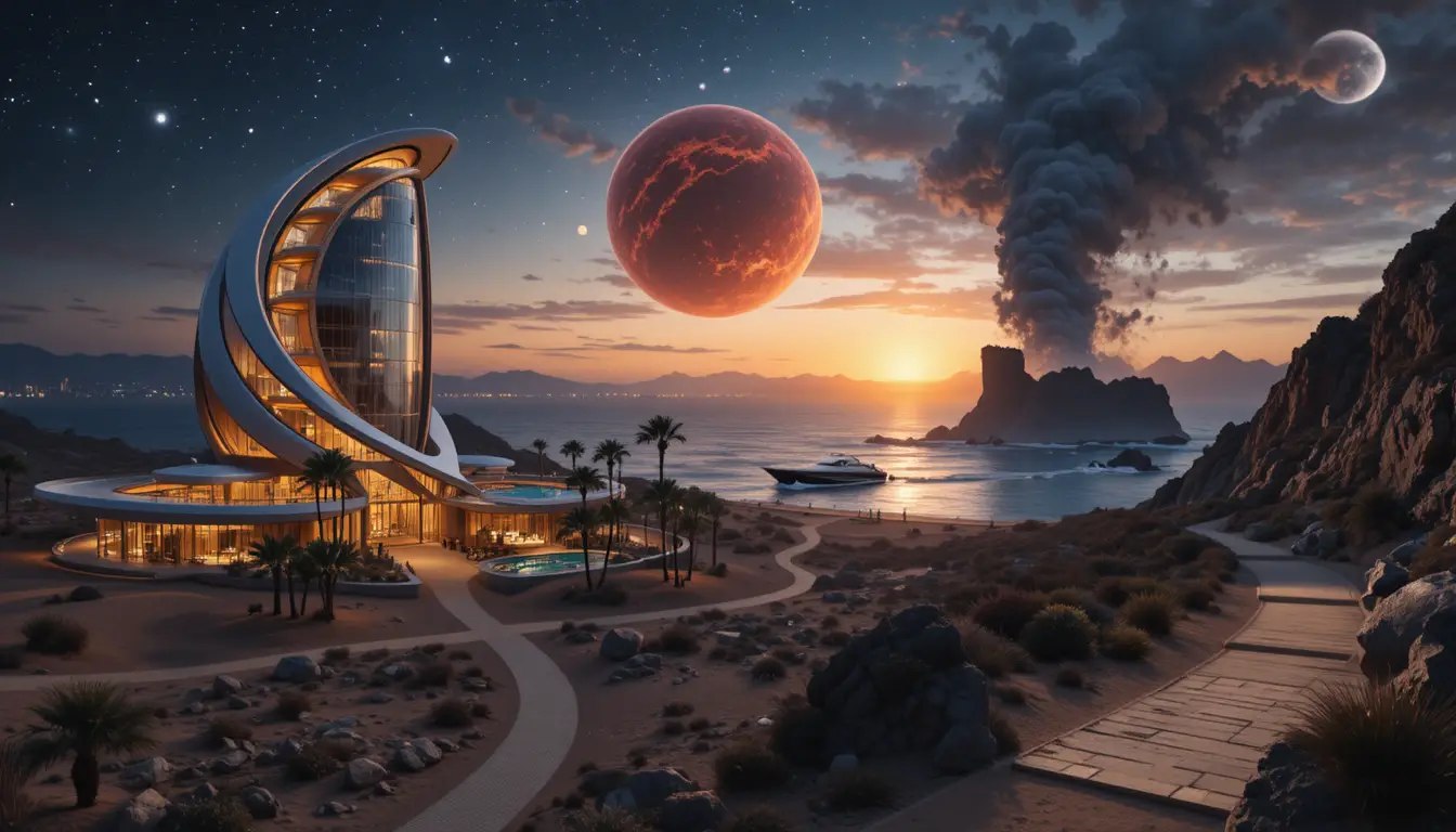 Rifugio futuristico a spirale nel deserto che brilla al tramonto