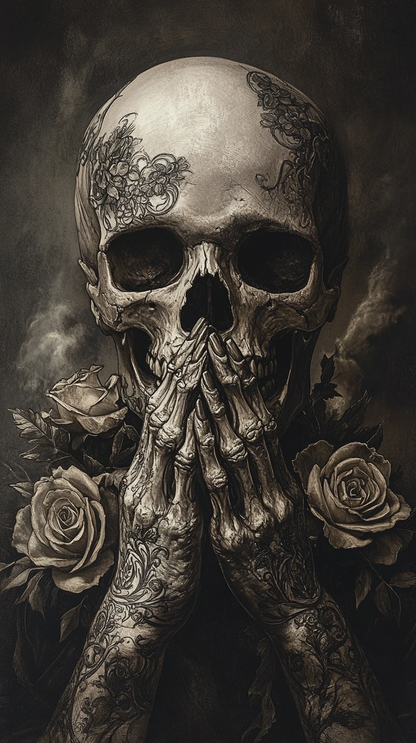 Crâne macabre avec mains squelettiques jointes et roses en pleine floraison