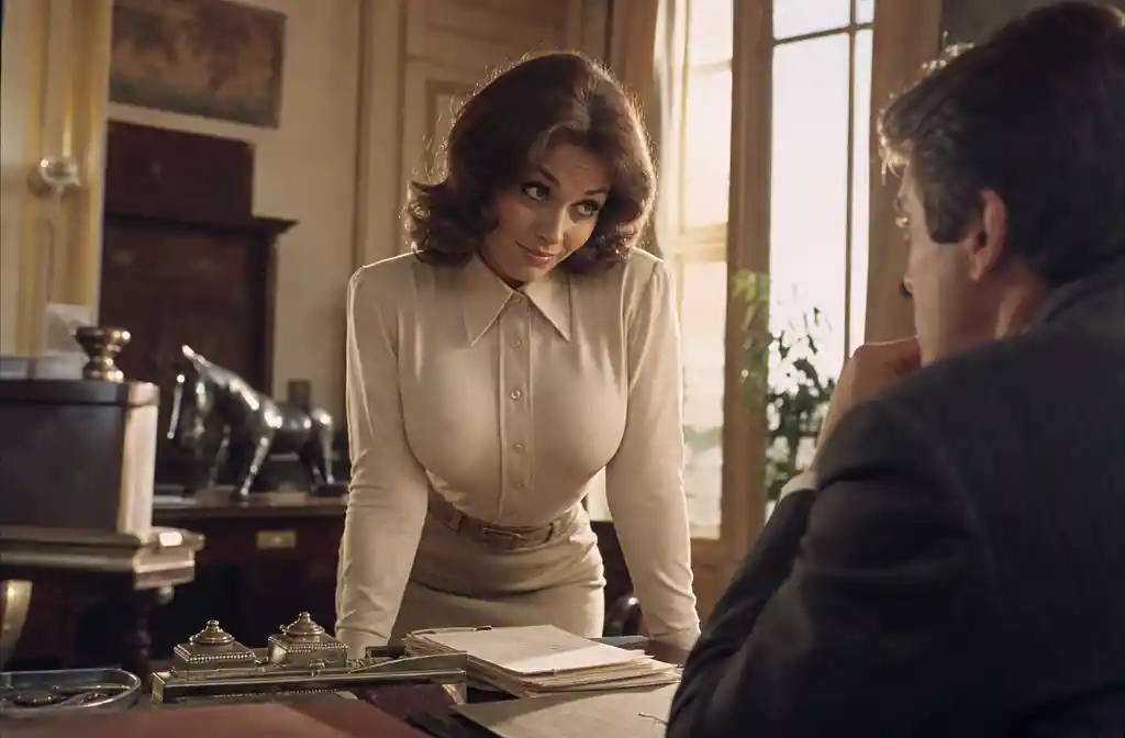 Donna elegante in ufficio con una morbida luce cinematografica vintage