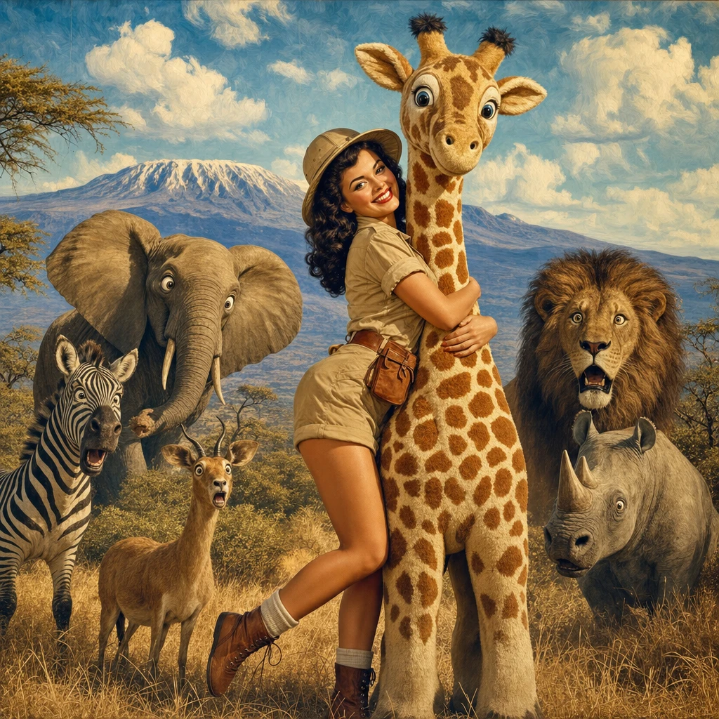 Fille style pin-up étreignant une girafe en peluche géante en safari