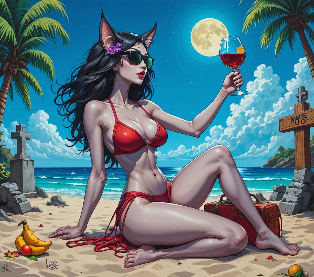 Gato antropomórfico de praia com roupa colorida de férias tropicais