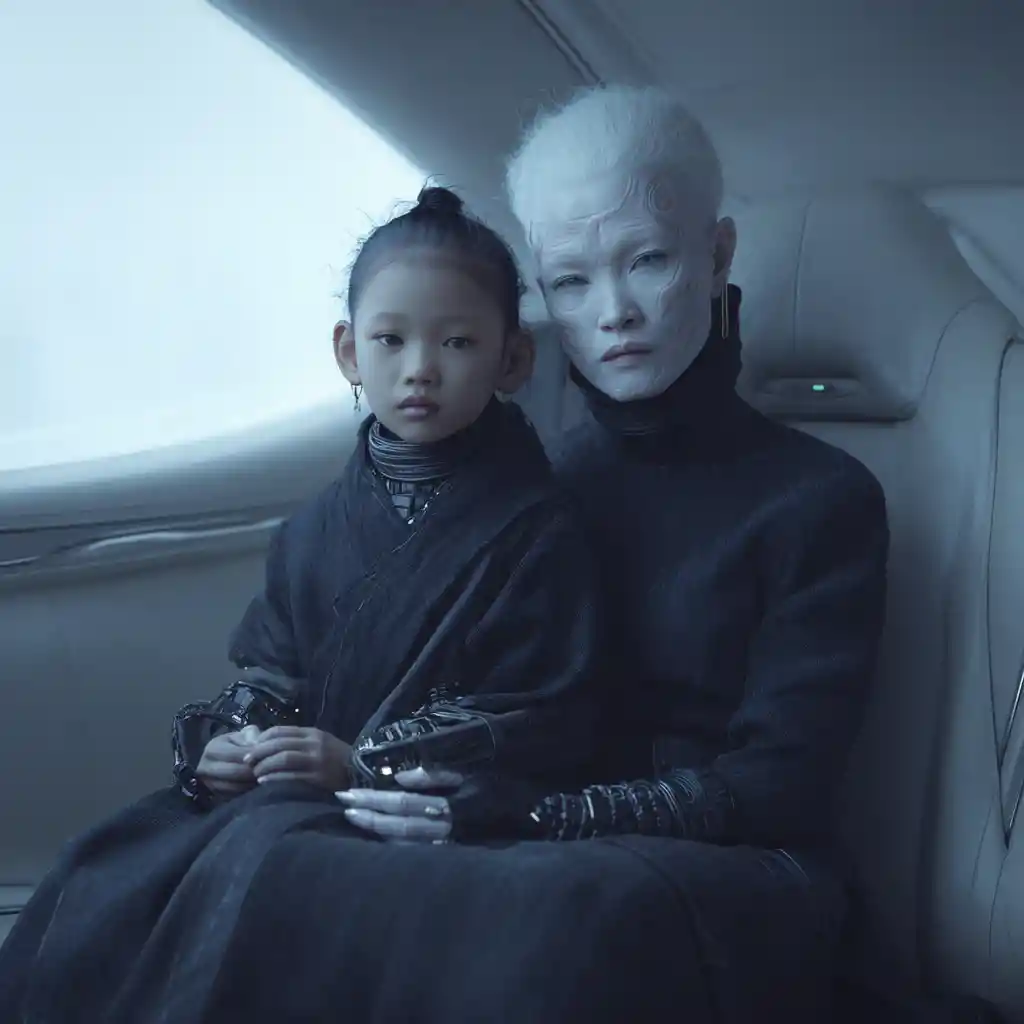 Asiatisches Mädchen und Großvater im futuristischen Wohnzimmer in Los Angeles