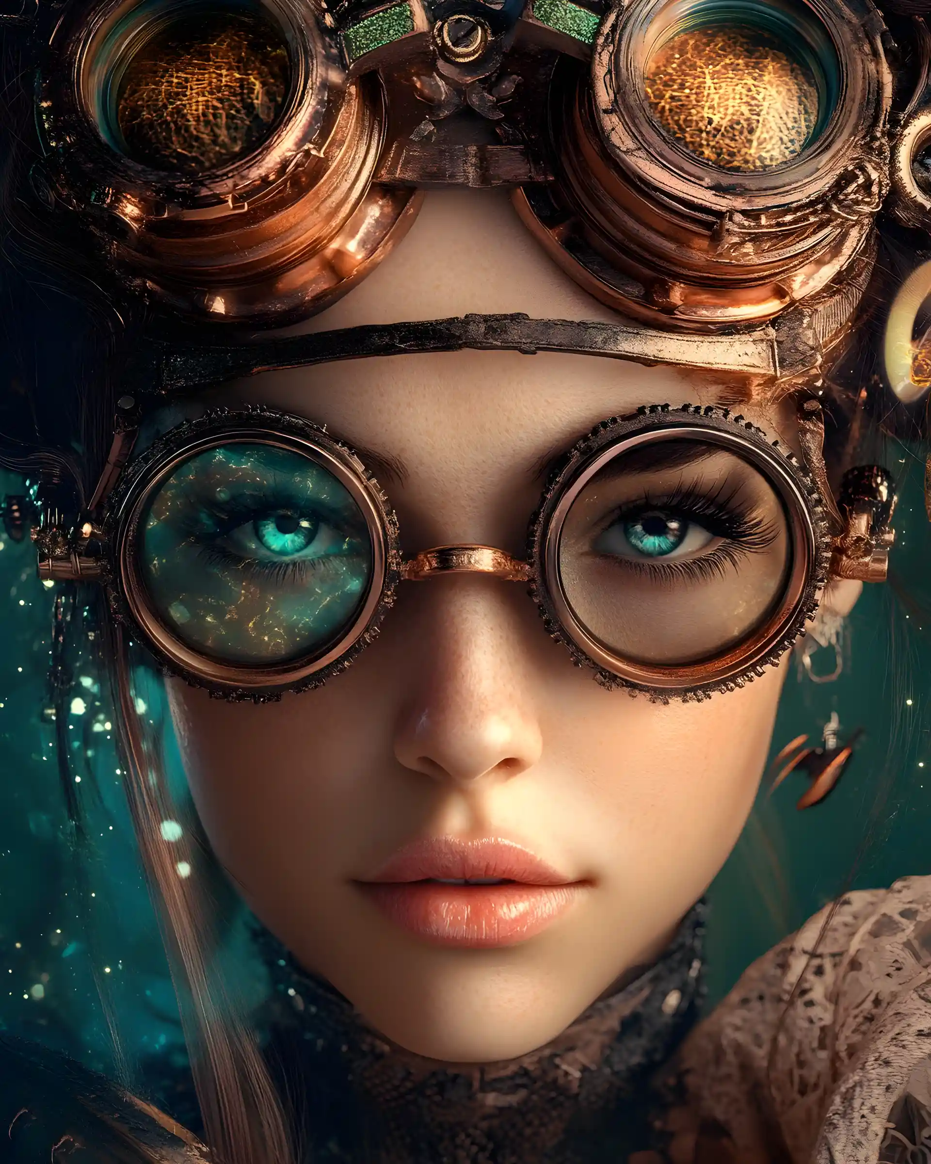 Farbiges Steampunk-Porträt einer Frau mit schimmerndem Studiolicht