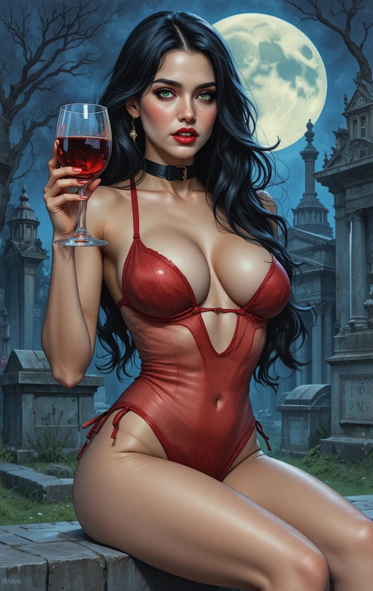 Sedutora vampira de cabelos negros em um cemitério à noite