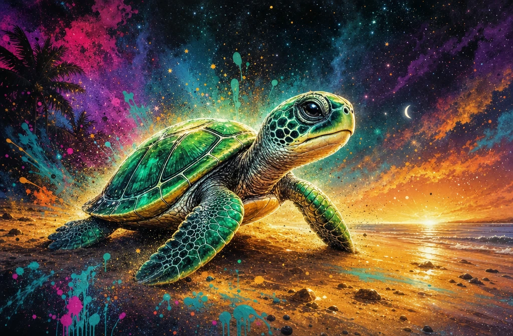 發光沙灘上的可愛綠色小海龜
