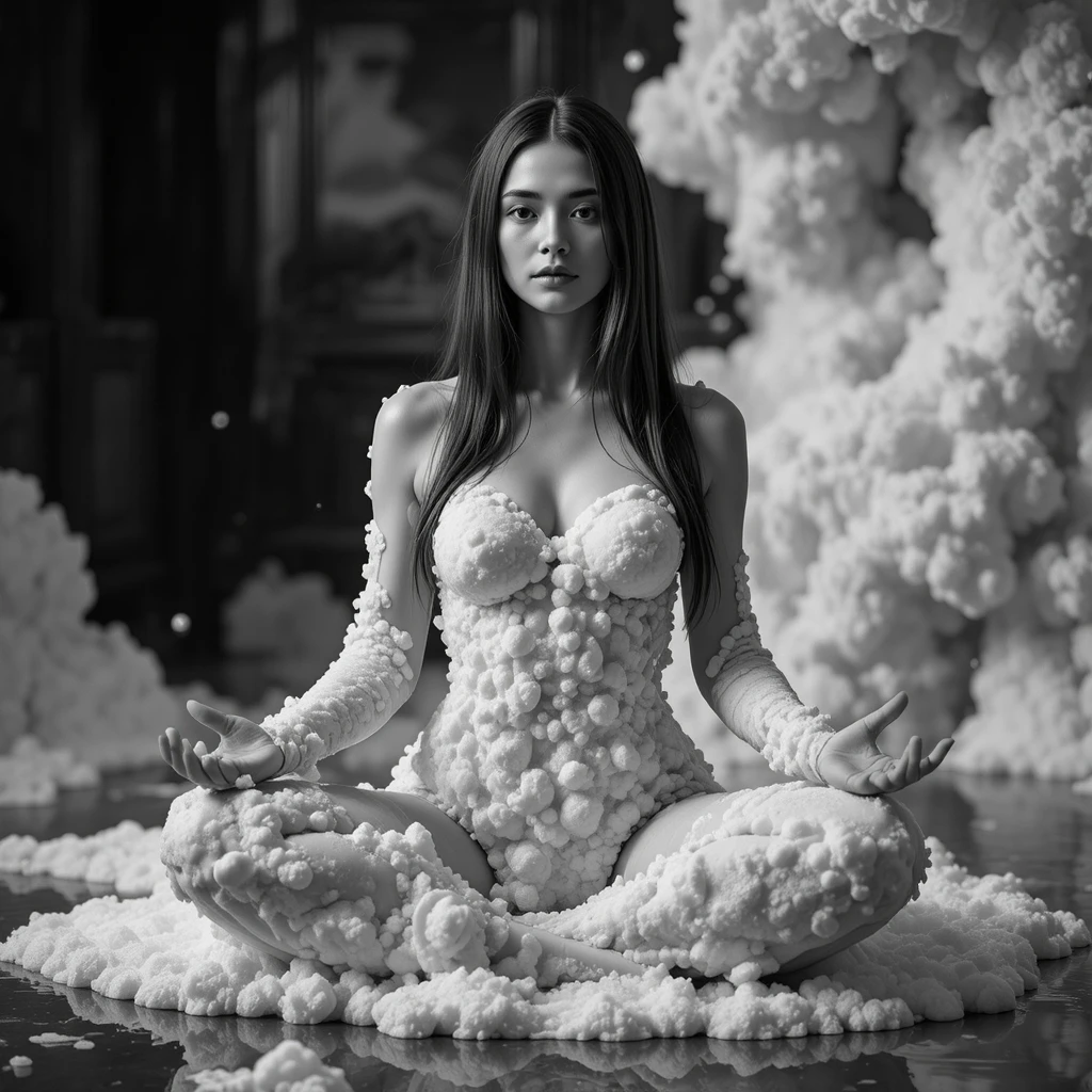 Retrato em estúdio em preto e branco de mulher coberta por espuma de sabão