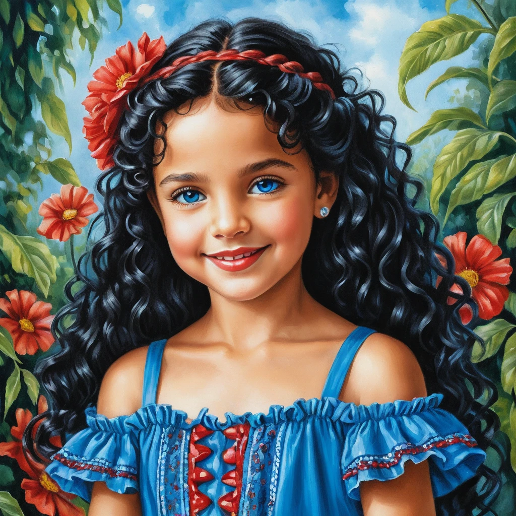 Fillette souriante en robe d’été bleue avec de longues tresses