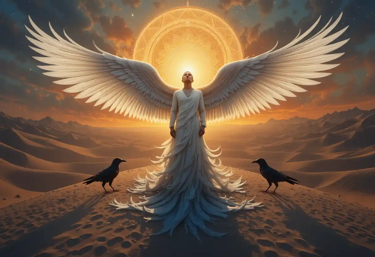 Winged man in a glowing desert mandala with ravens