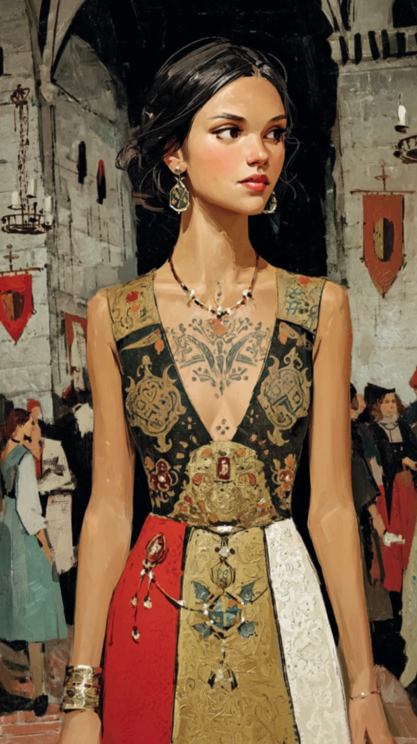 Nobre medieval com tatuagem ornamentada no peito em grande salão