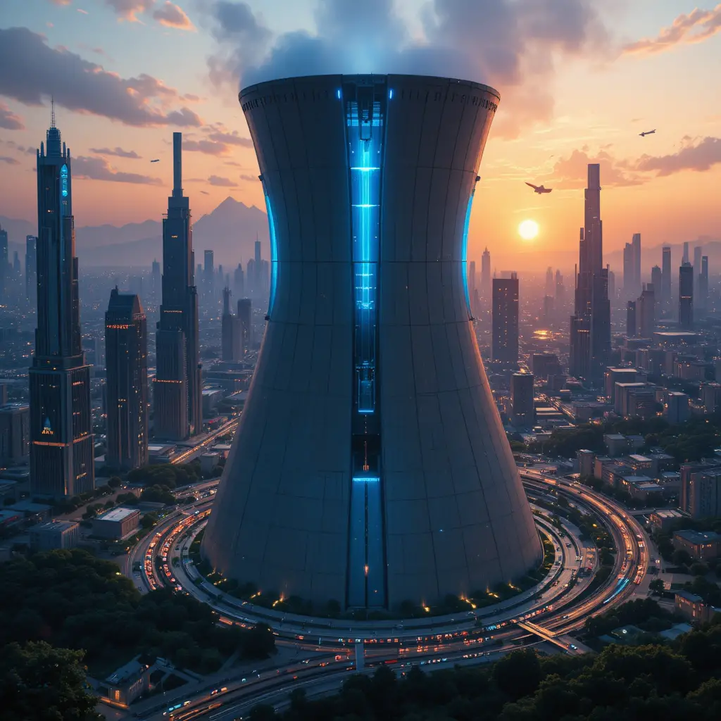Usina nuclear futurista em uma cidade utópica luminosa