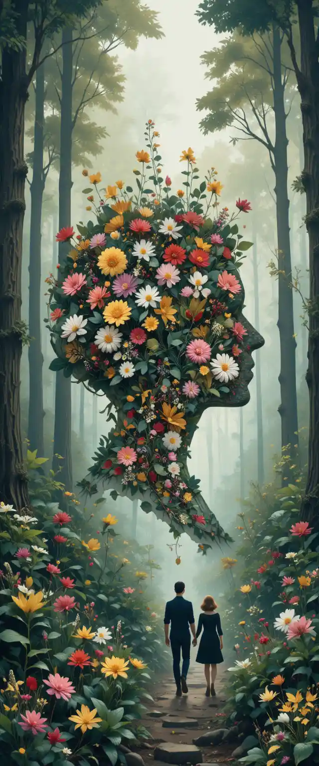 Wave of flowers emerging from paper cut head illustration