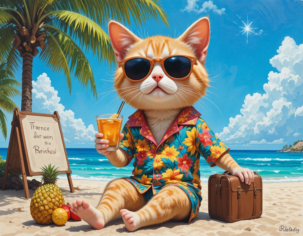 Anthropomorpher Strandkater mit Sonnenbrille und Hawaiihemd
