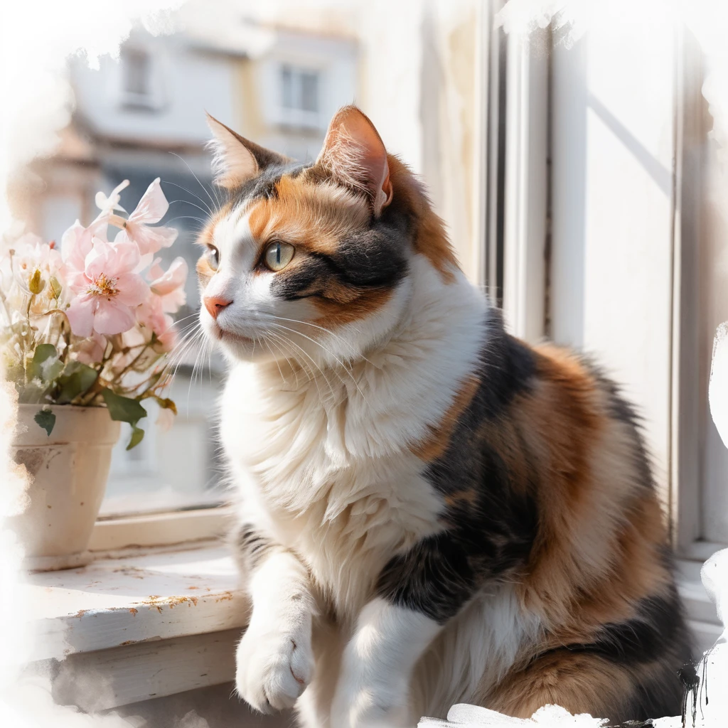 Gata carey en un alféizar soleado en primavera