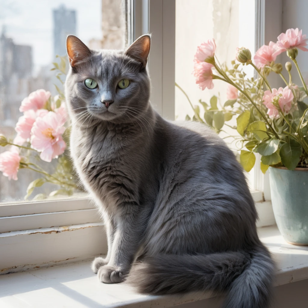 Chat Bleu Russe à une fenêtre baignée de soleil, style aquarelle