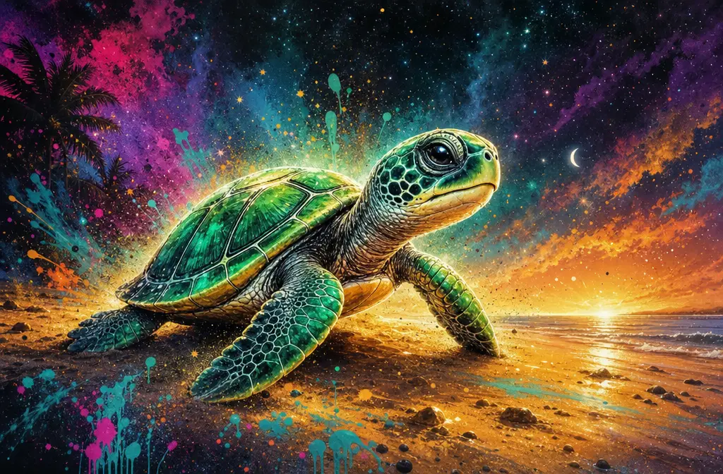Adorable bébé tortue de mer verte sur une plage de sable lumineux