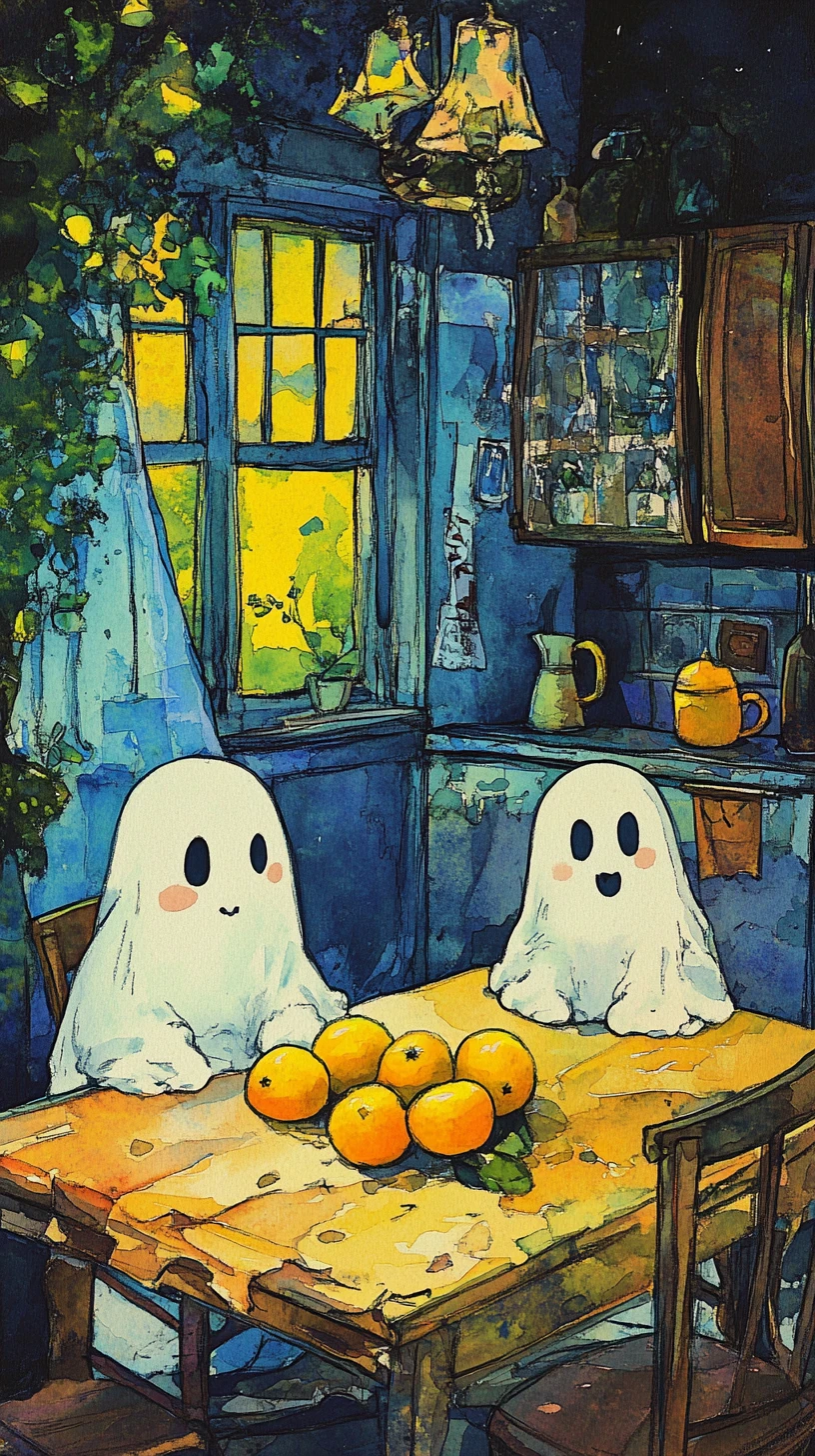 Adorables fantômes chibi jouant avec des agrumes sur une table de cuisine