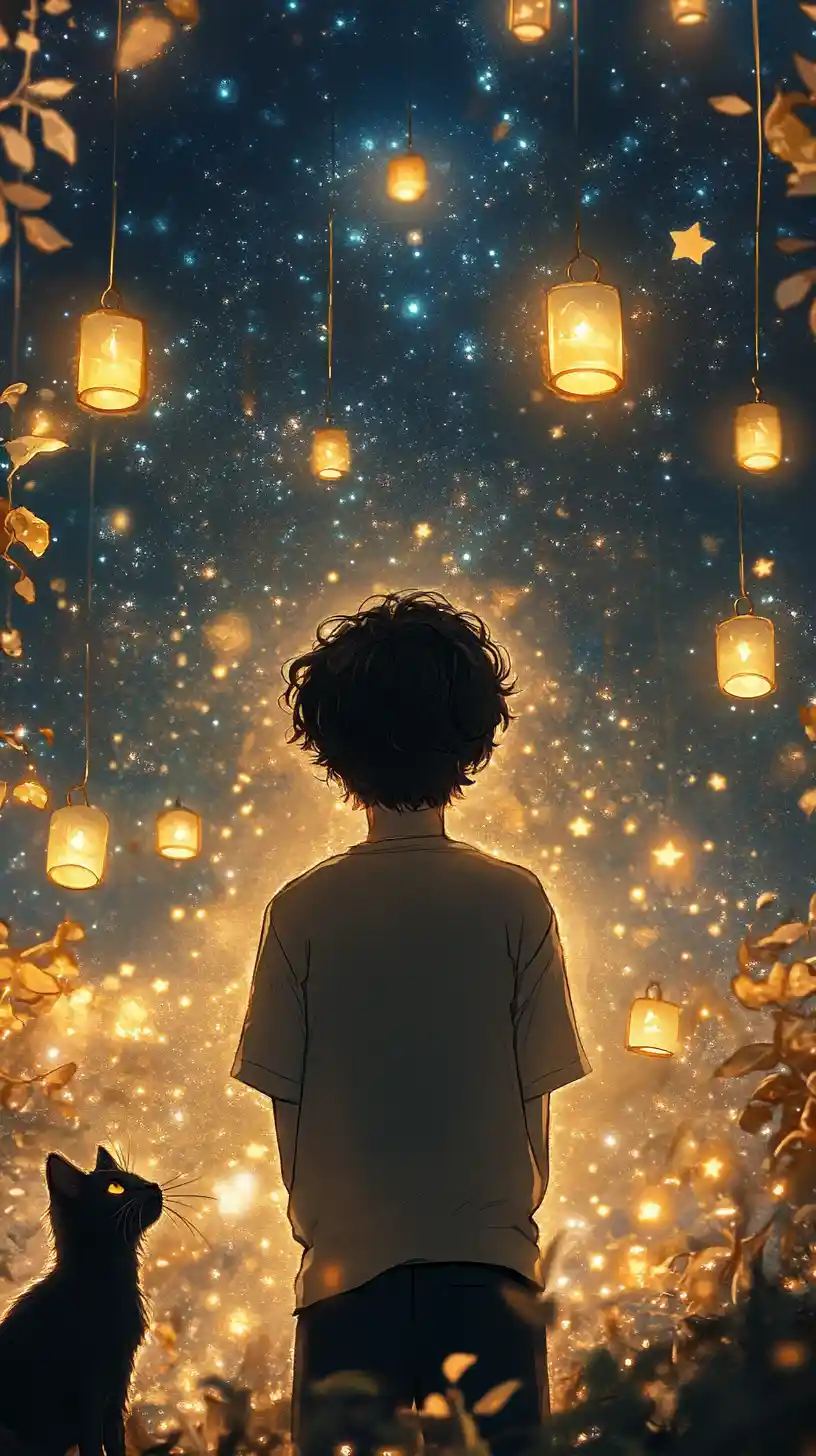 Anime boy beneath celestial sky with glowing lanterns