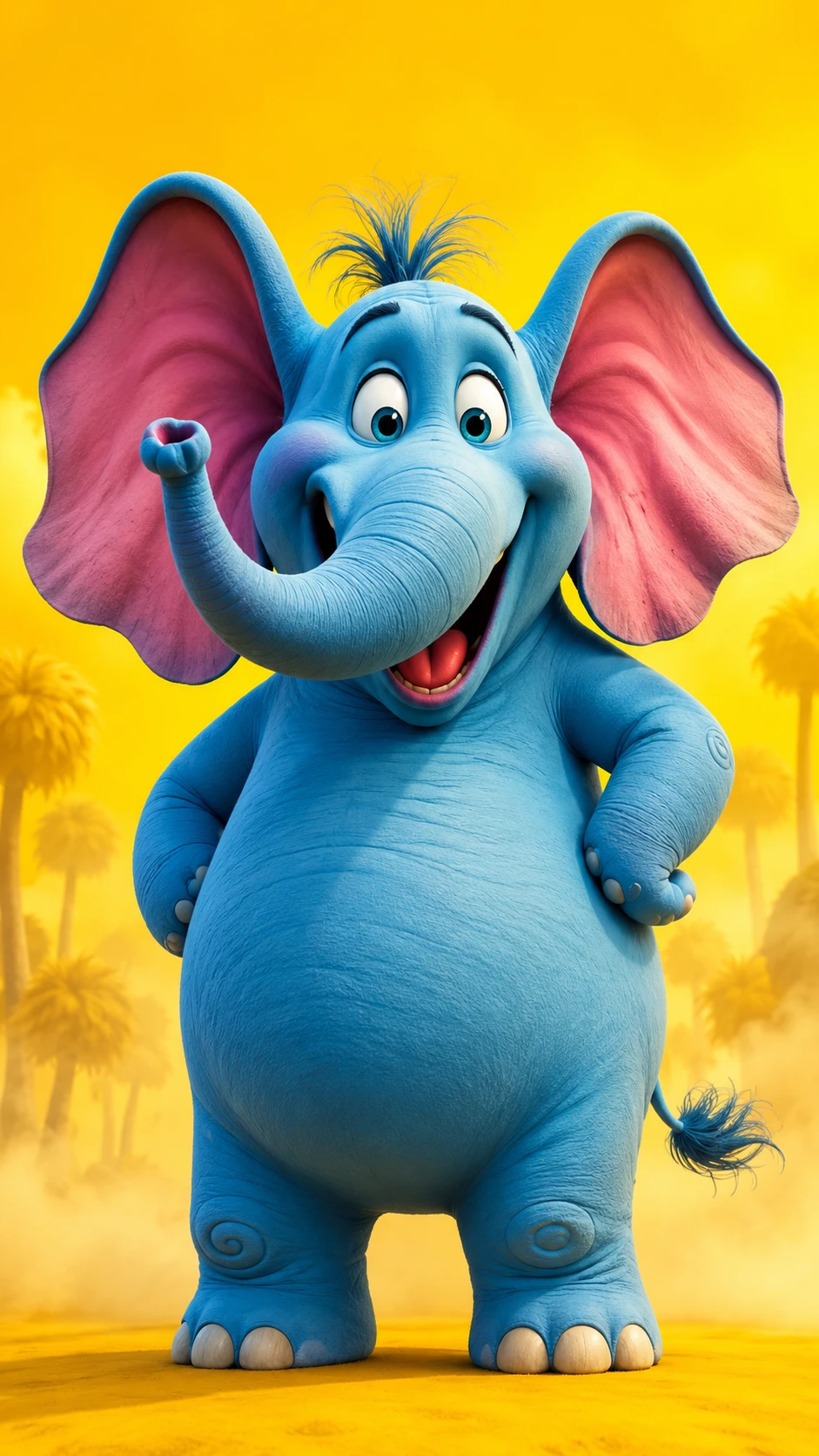 Personagem de elefante 3D brincalhão em cenário abstrato vibrante