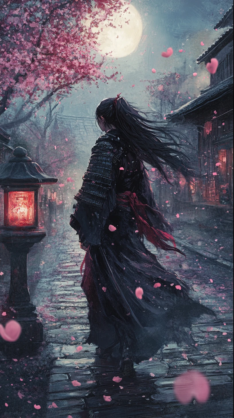 月明かりの桜並木を歩く憂いの女侍
