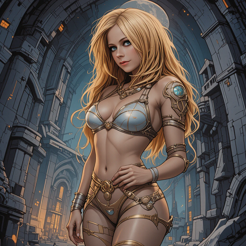 Kurvige Sci‑Fi‑Frau im Micro‑Bikini vor Fantasy‑Schloss