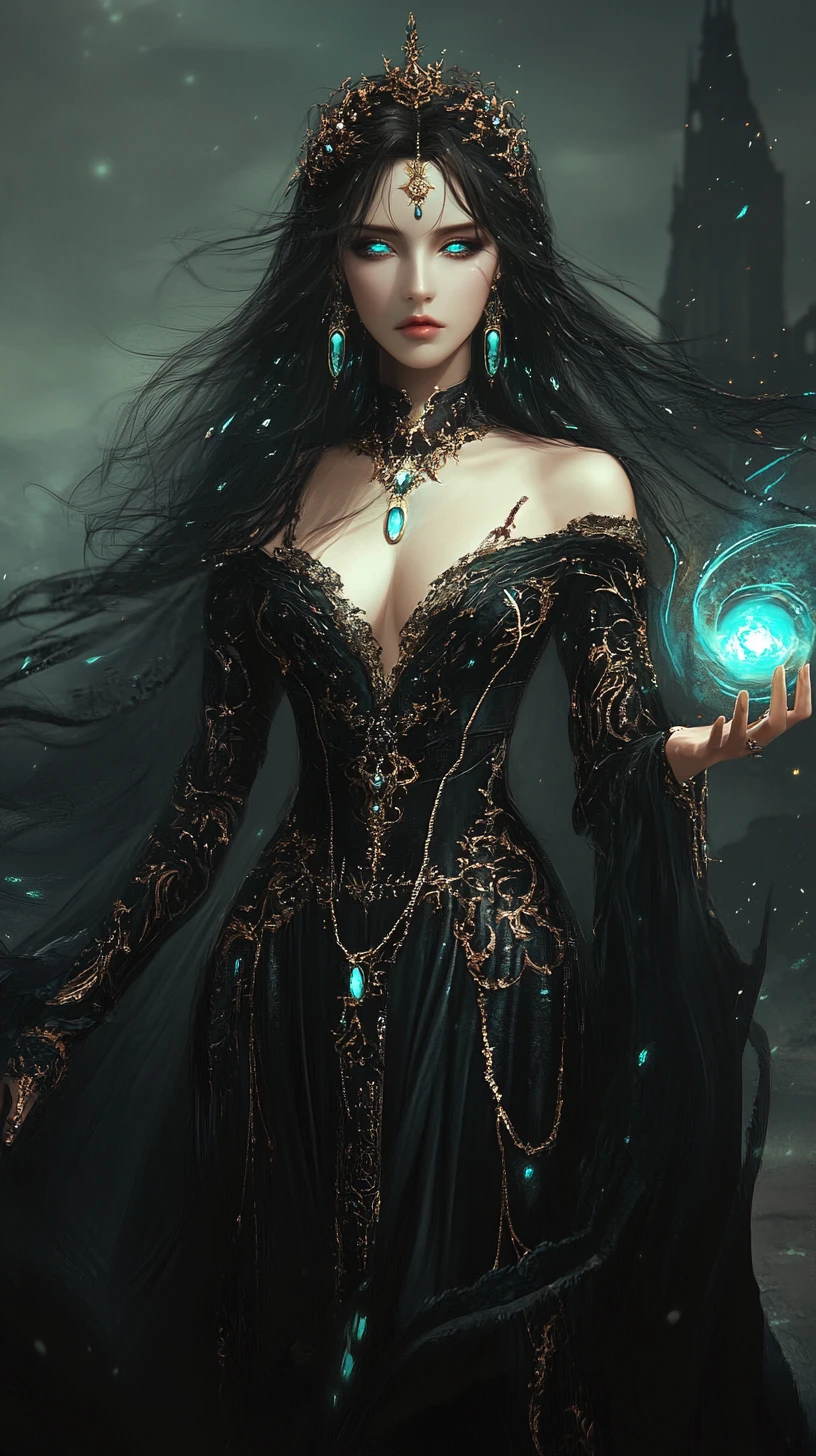 Elegant fantasy witch summoning glowing turquoise magic