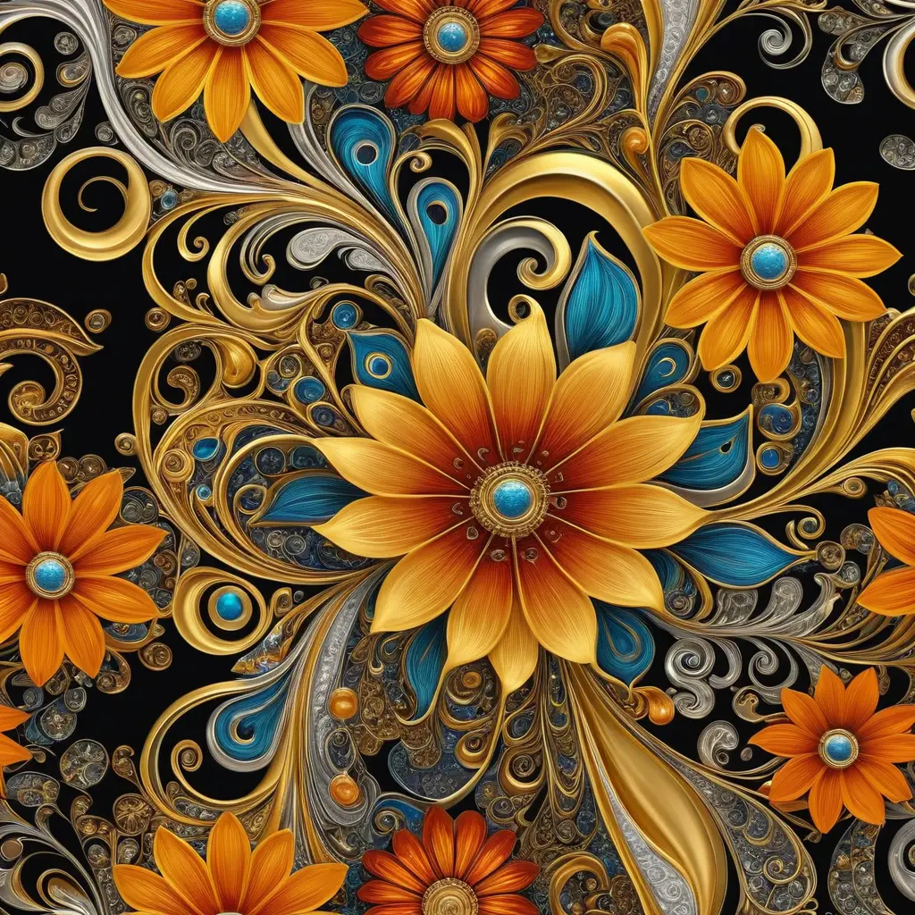 Lebendige Blumen-Kunst mit goldenen und silbernen Akzenten