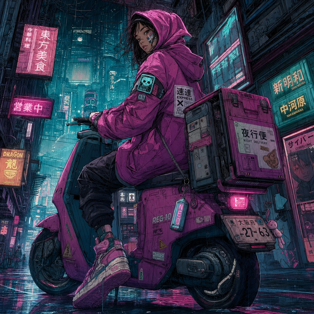 Livreuse en scooter dans une ruelle néon cyberpunk