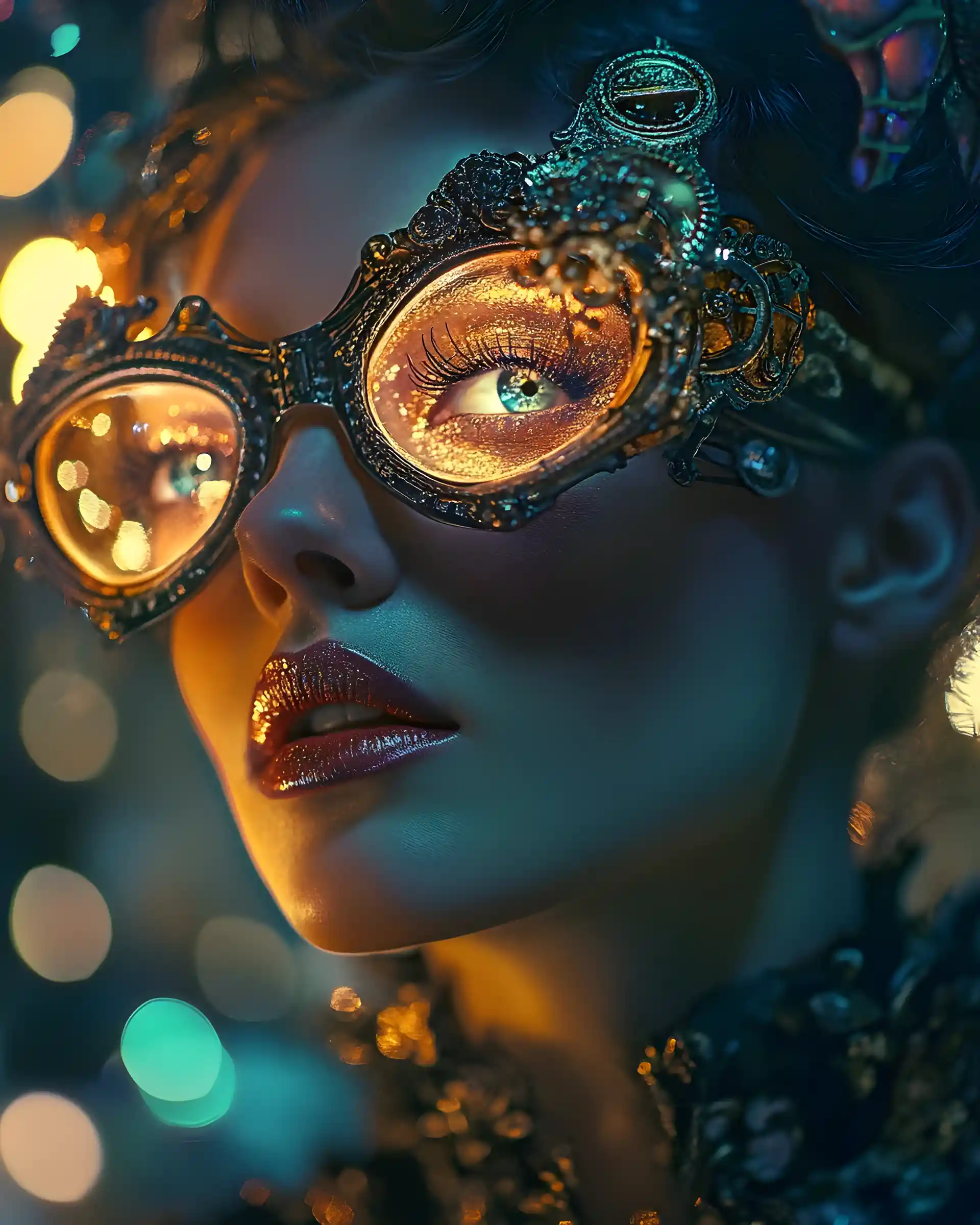Retrato colorido y dramático de una mujer steampunk en estudio