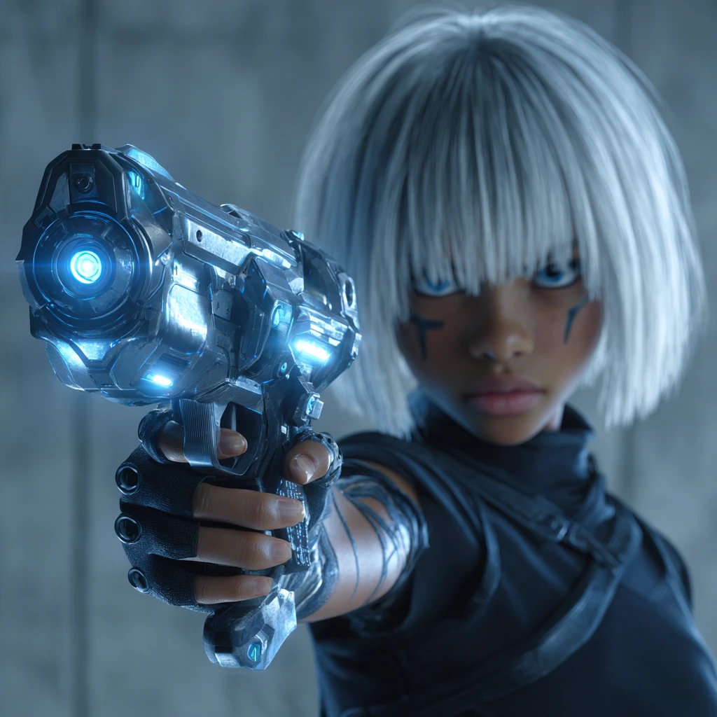 Ragazza asiatica con un’arma energetica futuristica in studio