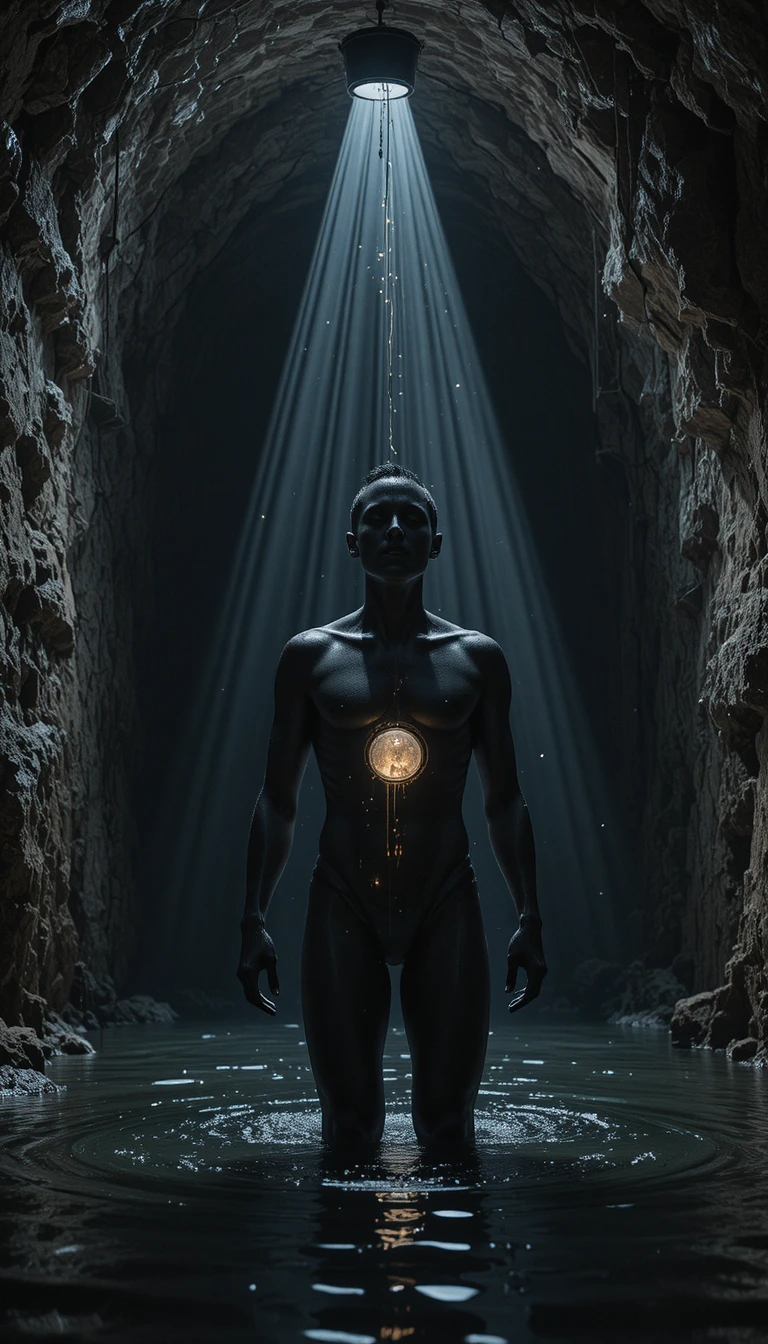 Man in underground cave with glowing iron vault mouth