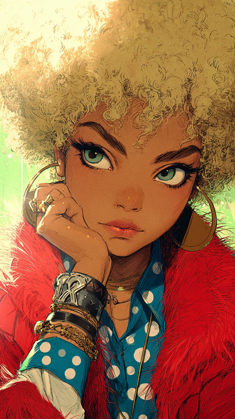 Retrato de mulher estilosa com cabelo afro e casaco de pele vermelho