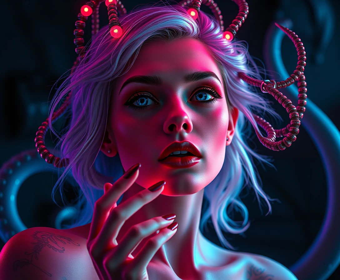 Mulher surreal sedutora em um mundo vibrante e misterioso