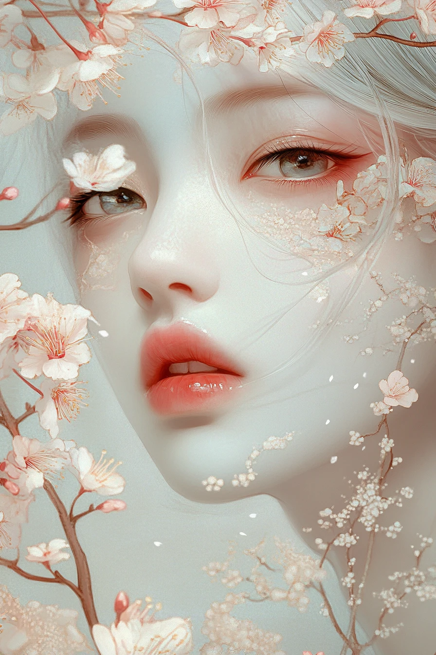 Mulher mística de fantasia em paisagem onírica de flores de cerejeira