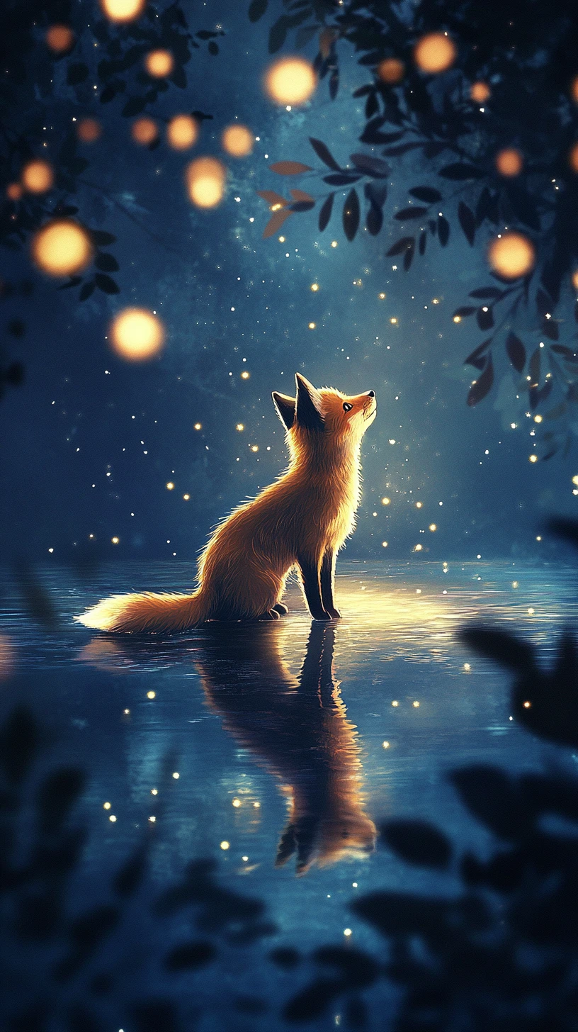 Pequena raposa ao lado de um lago azul brilhante à noite