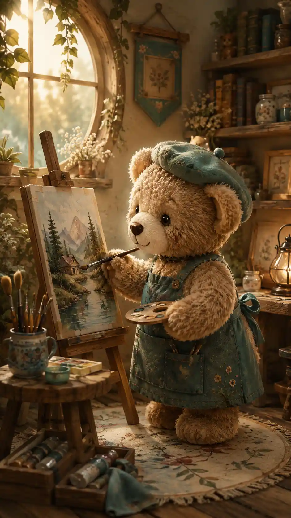 Cozy teddy bear painting on a small art easel