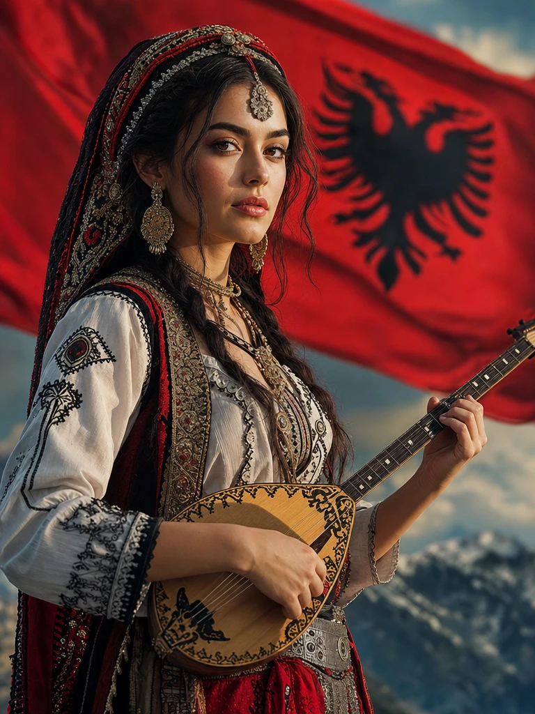 Mulher albanesa em traje folclórico tocando qifteli tradicional