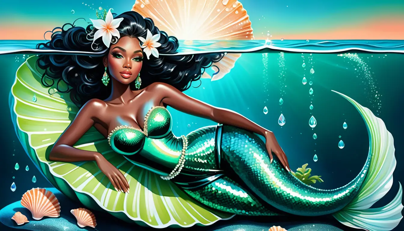 Glamourosa regina dell’isola su una conchiglia sopra acqua turchese