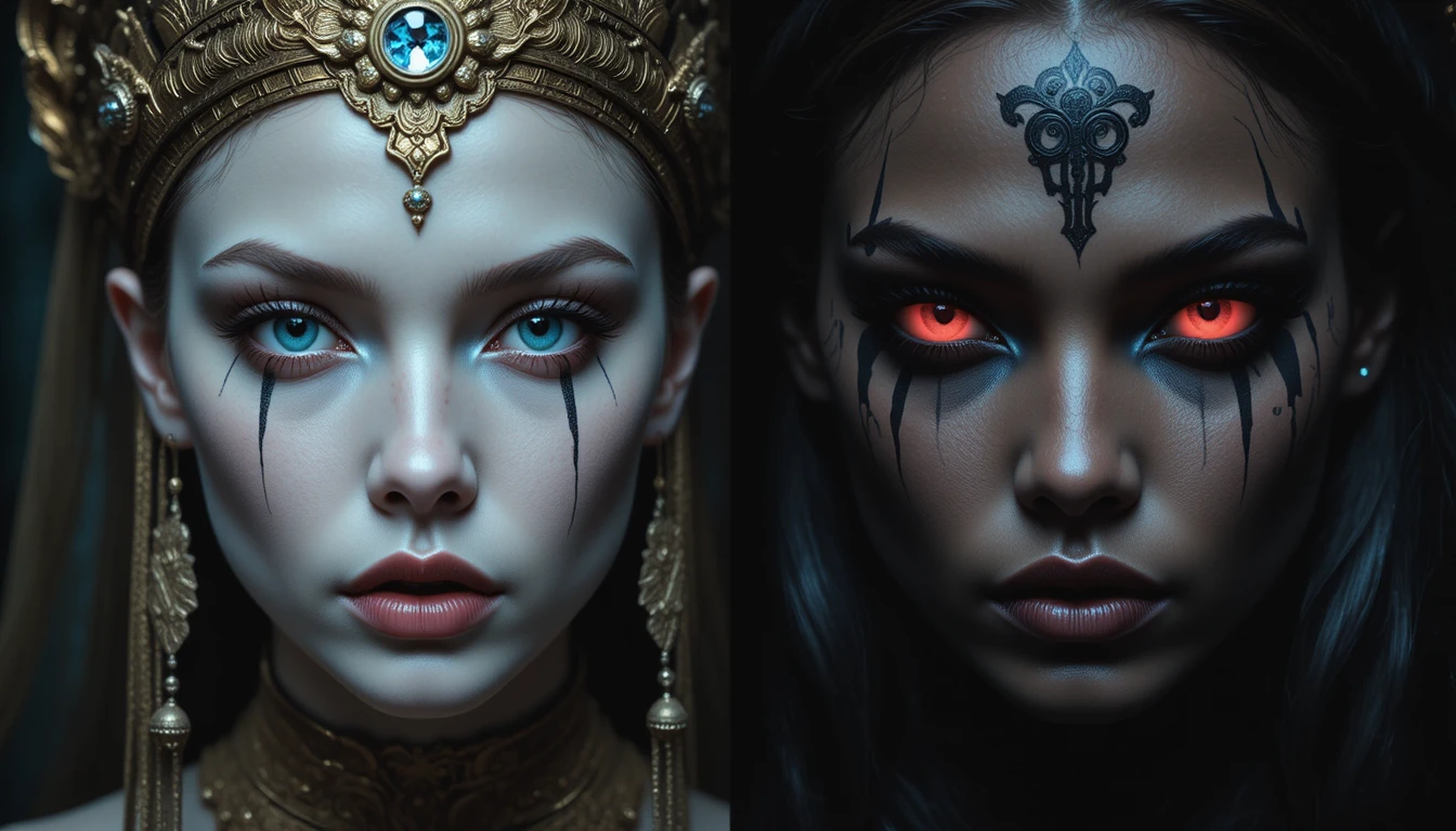Dual close up portrait of two mysterious marked women