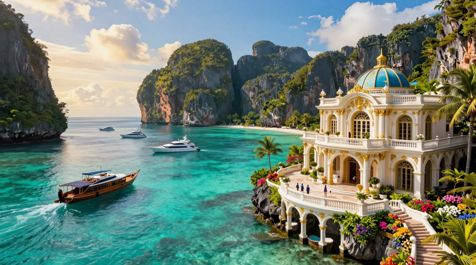 Vue aérienne cinématographique d’un manoir tropical de luxe au bord d’une falaise